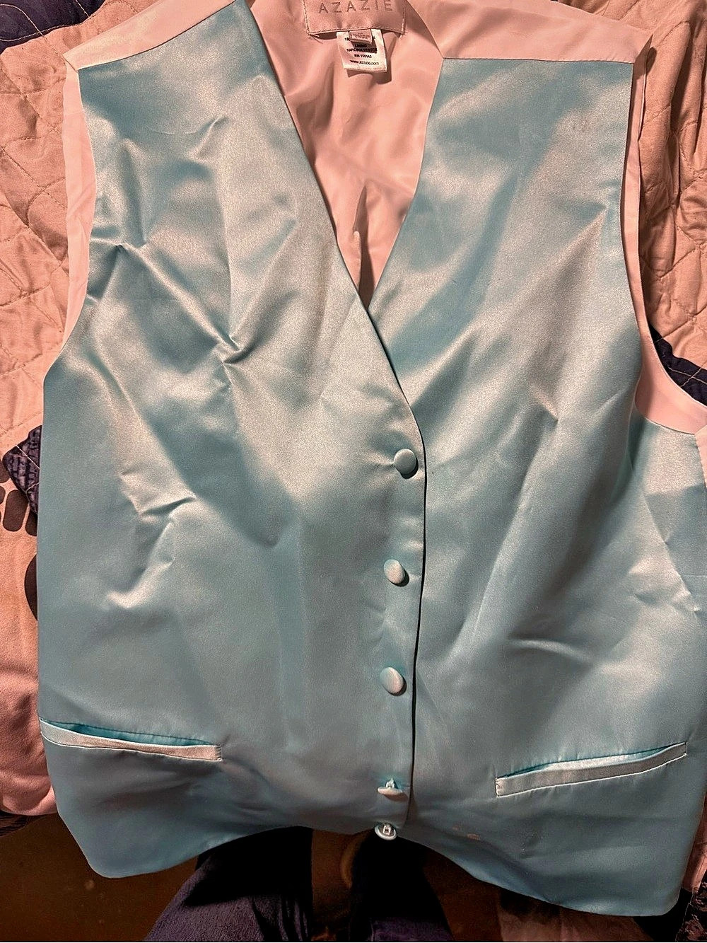 Azazie Matte Satin Vest in Blue & White, and Blue Tie. Size Medium